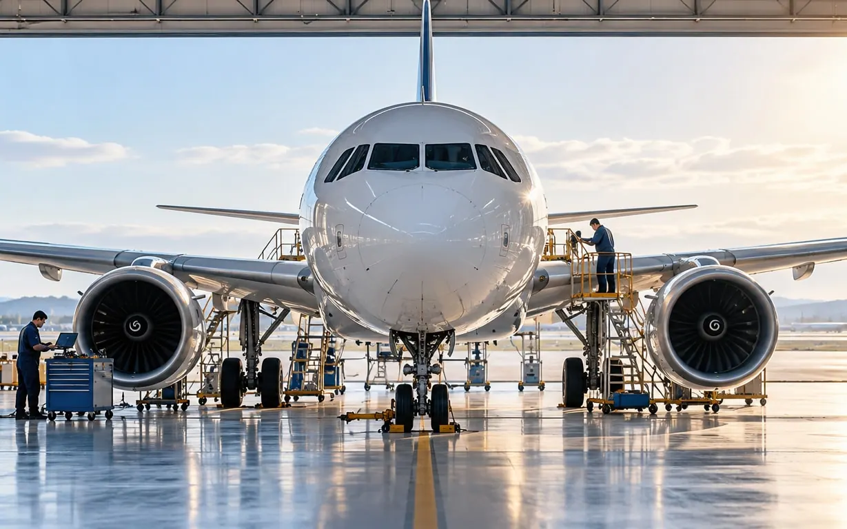 Passenger jet in a maintenance hangar with engineers working on its engines and landing gear