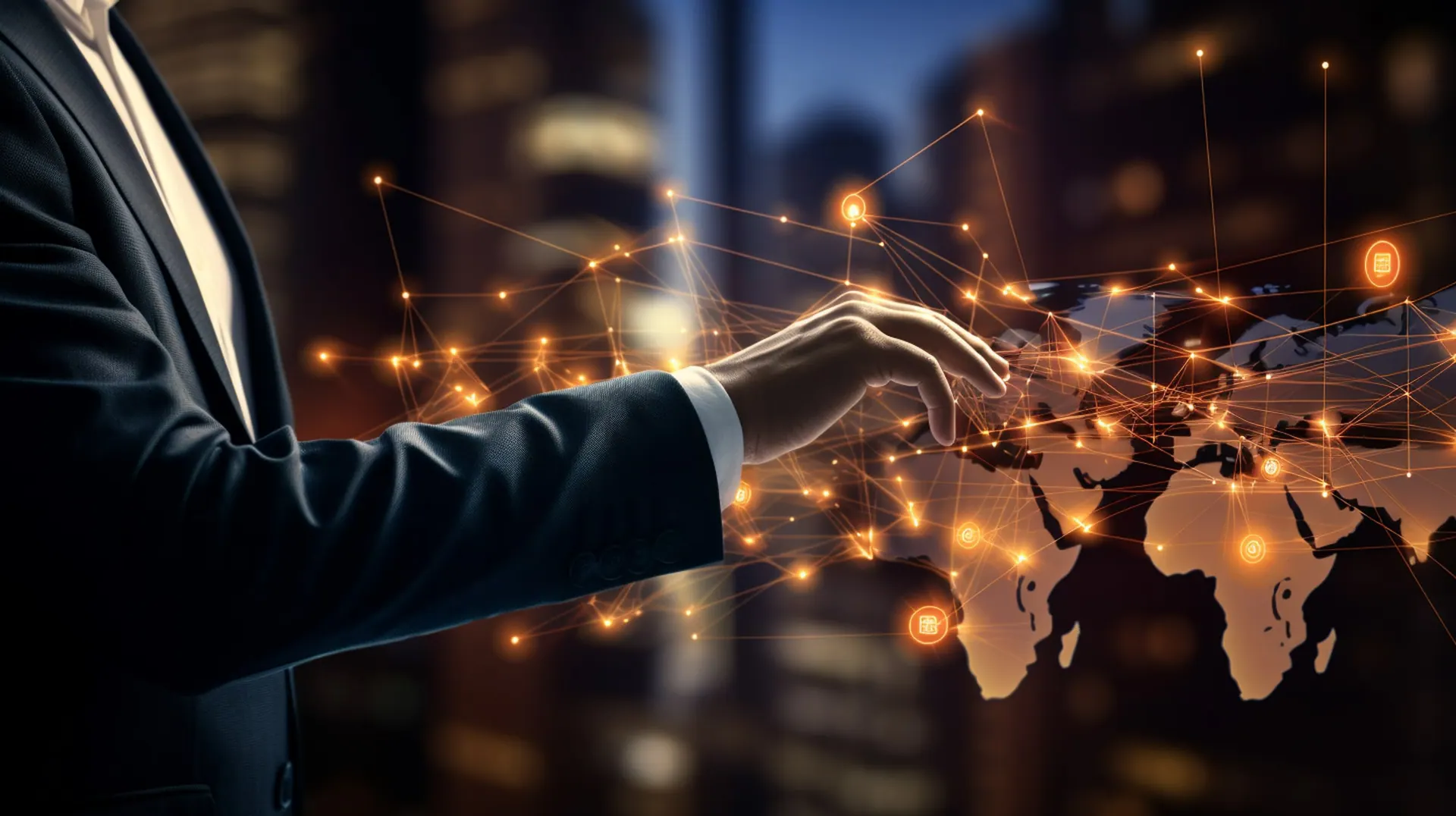 Professional interacting with a digital network spanning a world map