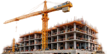 Building under construction with a tower crane: construction ERP software for projects and resources