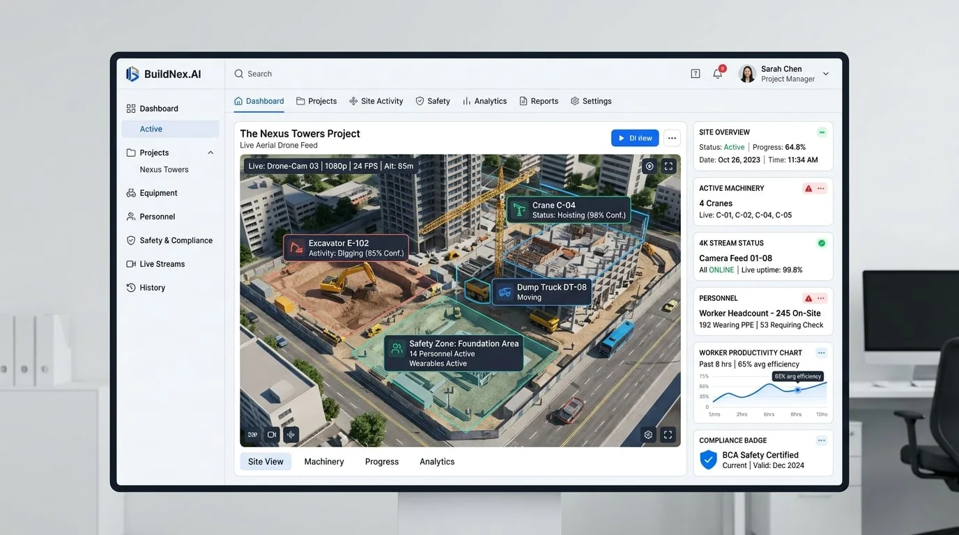 BuildNex.AI remote supervision dashboard showing a live construction site view