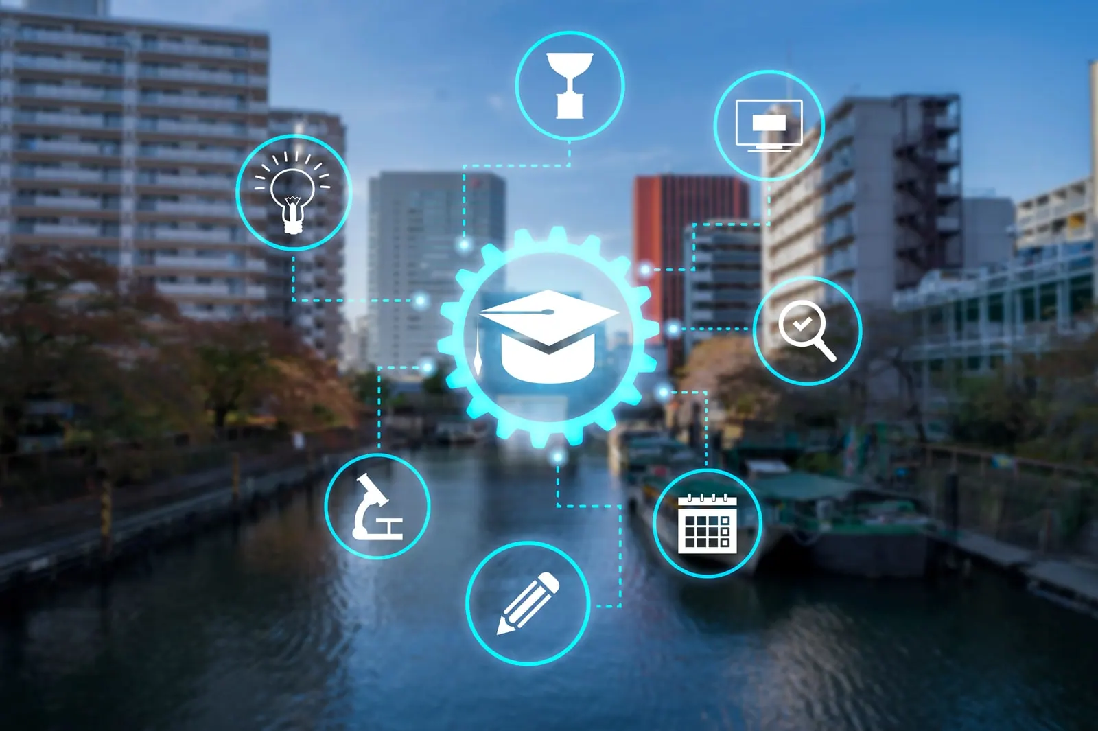 Graduation cap icon connected to learning and campus icons over a city