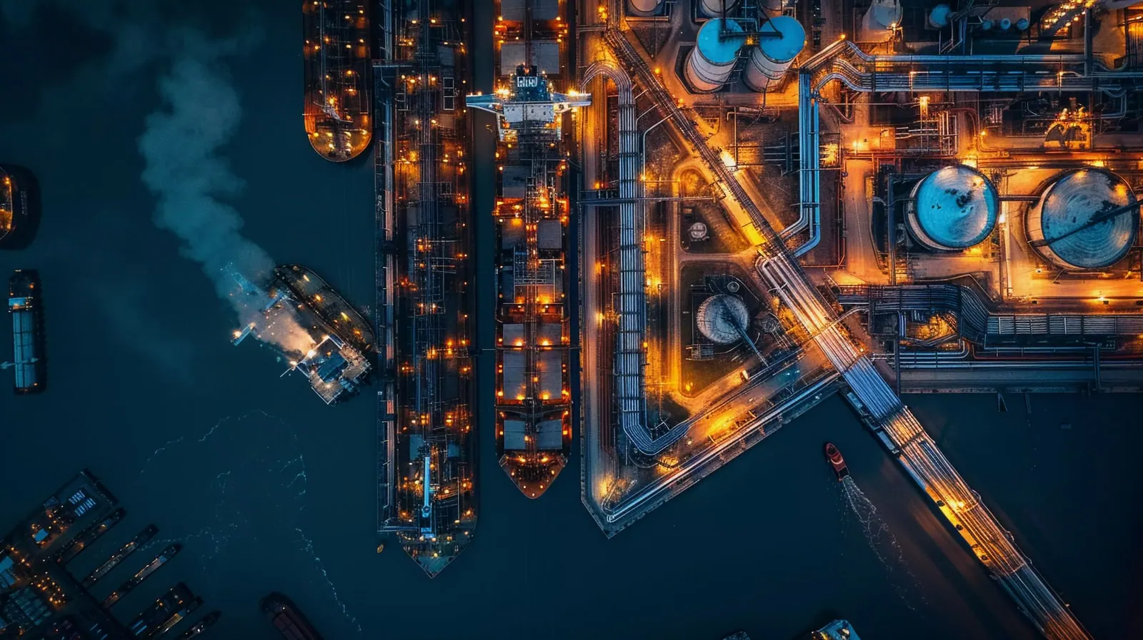 Aerial view of an oil and gas refinery at night