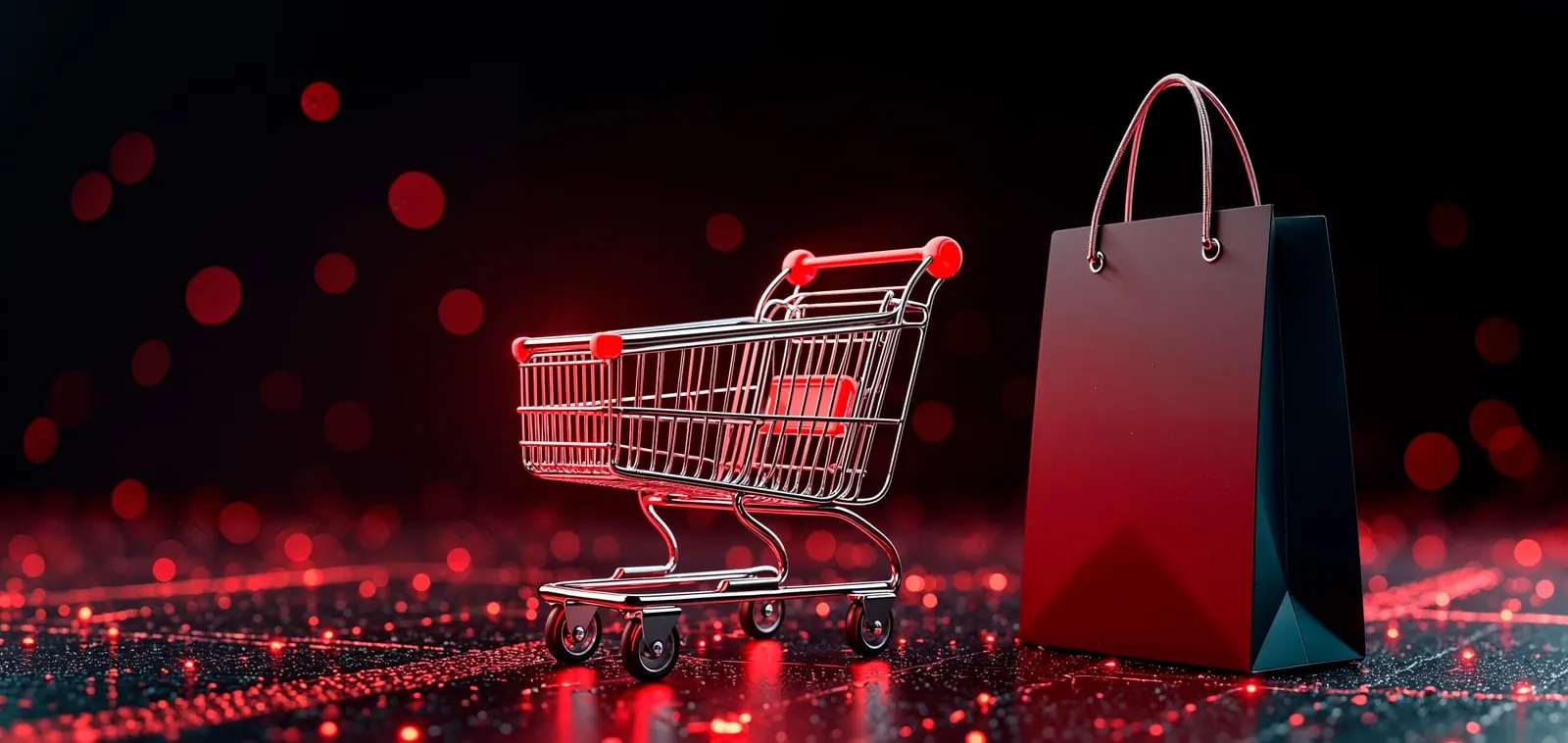 Shopping cart and shopping bag on a red retail background