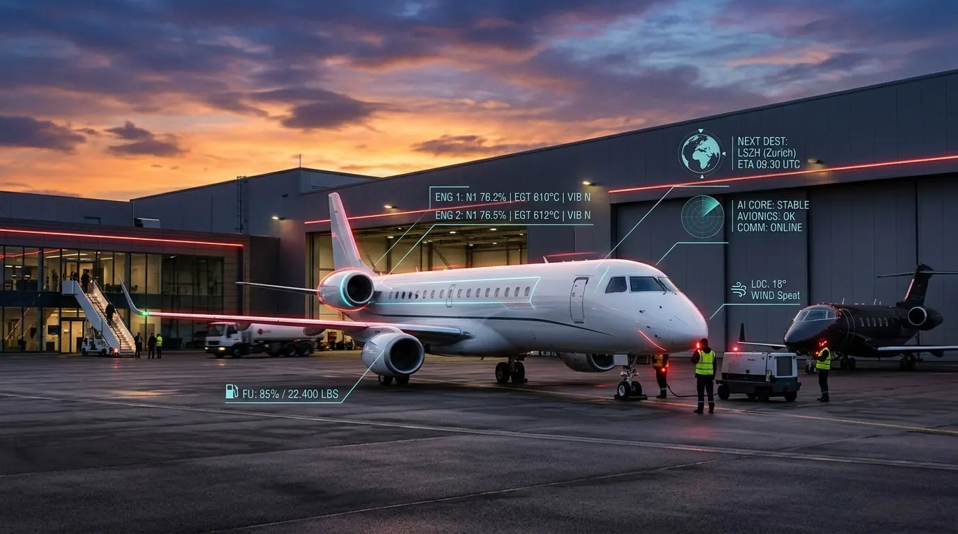 Business jet on the apron at dusk beside a private aviation terminal