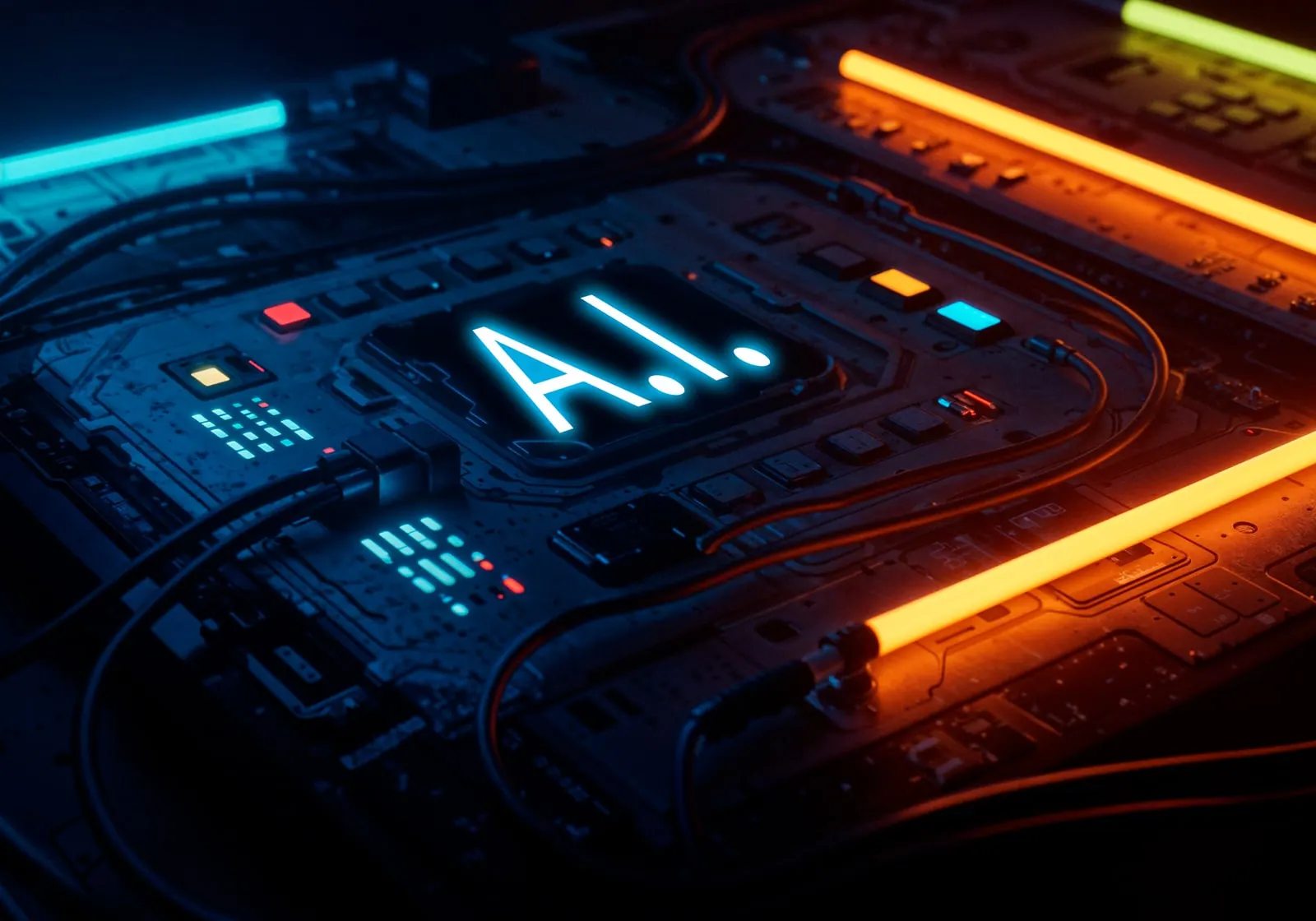 Glowing AI processor chip on a circuit board
