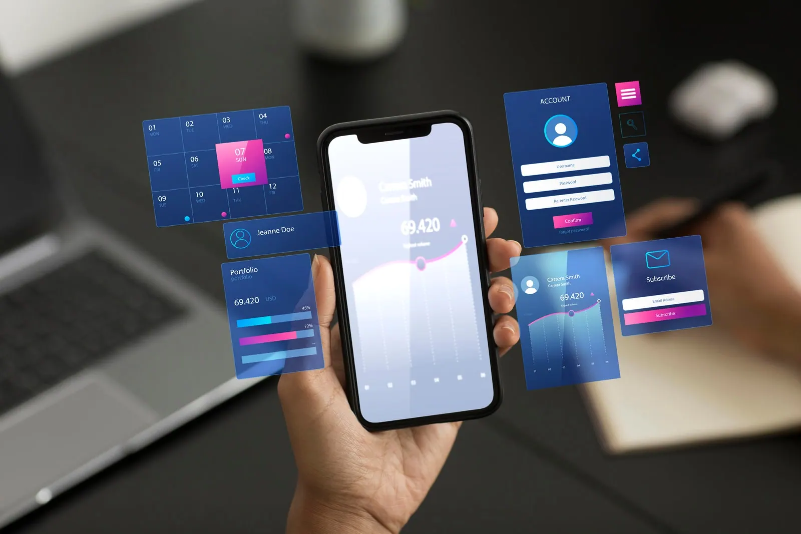 Hand holding a smartphone with floating mobile app screens