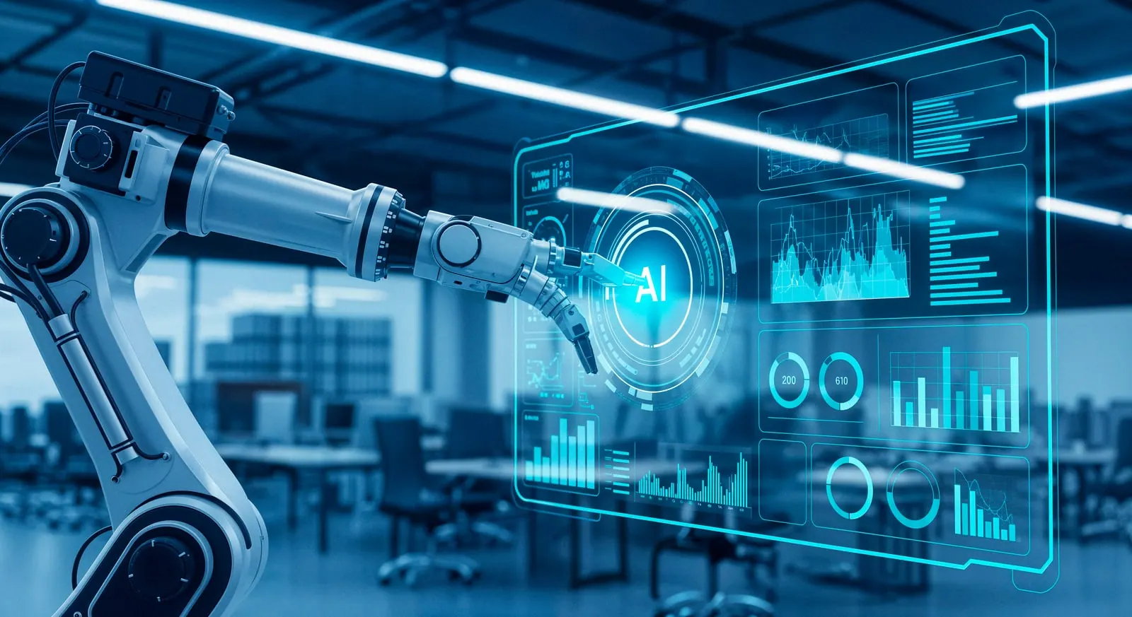 Robotic arm working beside holographic automation dashboards